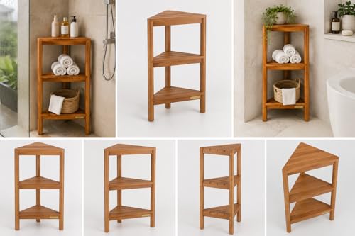 Fully Assembled Teak Corner Bath Shower Storage Stand, Corner Shelves, Shower Caddy 26.5"