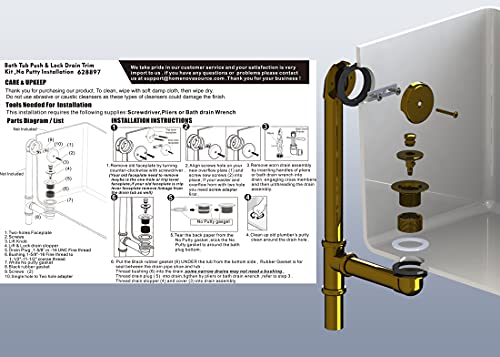 Artiwell Push & Lock Tub Trim Set with Single-Hole Overflow Faceplate, Bathtub Conversion Kit Assembly with Conversion Bar, Universal Fine/Coarse Thread, No Putty Installation (Polished Brass) - color: Polished Brass
