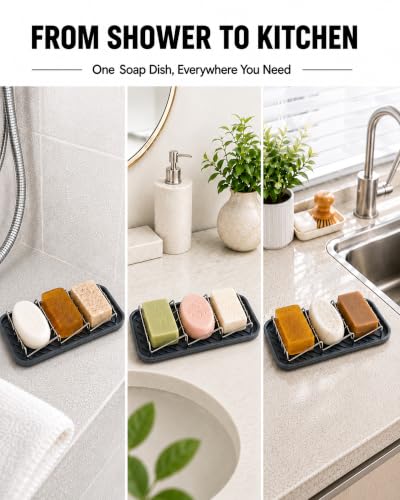 OZNER 304 Stainless Steel 3 Bar Soap Holder, Self Draining Soap Dish for Shower, Shampoo Bar Holder with Detachable Silicone Tray, Rust Proof Soap Saver for Bathroom Sink & Kitchen - size: L(9.25"*3.7)