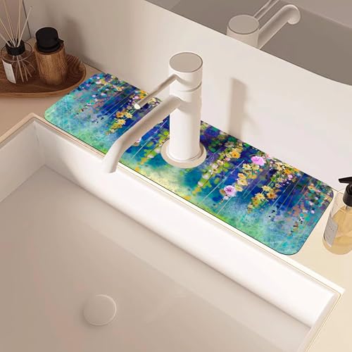 Abstract Watercolor Floral Kitchen Sink Splash Guard Mat Absorbent Fast Drying Mat Faucet Draining Mat Sink Splash Guard Behind Faucet Drip Catcher for Kitchen Bathroom 5.5"×15" - size: 5.5" x 15"