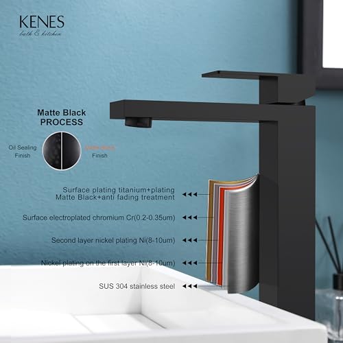 KENES Matte Black Bathroom Faucet Single Handle Tall Vessel Sink Faucet Vanity Bathroom Faucet Basin Mixer Tap with Water Supply Hose and Pop Up Sink Drain, LJ-9031A-2 - color: Matte Black, size: Tall