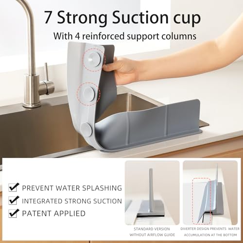 23" Ultra Silicone Sink Splash Guard Released in 2026,Self-Draining Water Splash Guard for Kitchen Sink,Bathroom and Island,with 3.5" High Splash Guard & 7 Strong Suction Cup (Grey) - color: Gray