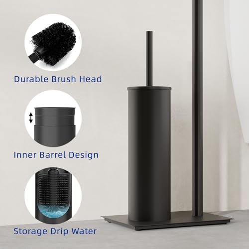 RUACQ Toilet Paper Holder Stand with Toilet Brush and Holder Set, 304 Stainless Steel Bathroom Toilet Tissue Paper Roll Holder Free Standing, Weighted Base, Heavy Duty (Matte Black) - color: Matte Black, size: Free standing