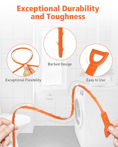 Drain Clog Remover, 25-Inch Drain Hair Removal Tool, Drain Hair Remover Plumbing Snake, Drain Cleaner Hair Clog Remover, Shower Drain Hair Catcher, Easy & Quik to Use on Most Drains - 6 Pack