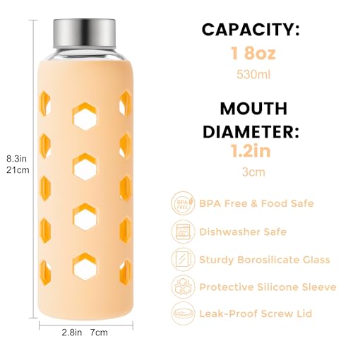 Mrsdry Glass Juice Bottles with Lids and Silicone Sleeves 18 oz, 4-Pack Reusable Clear Glass Water Bottles with Stainless Steel Airtight Cap for Juicing, Refrigerator, BPA Free Leak-Proof Drinking Jar - color: Apricot