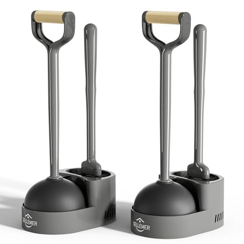 Sellemer Toilet Brush and Plunger Set, Curved Head Deep Clean, Grey 2 Pack | Brush and Plunger set, Curved Nylon Bristles for Deep Clean, Strong Suction Plunger, Ventilated Holder for Quickly Air Dry - color: Gray