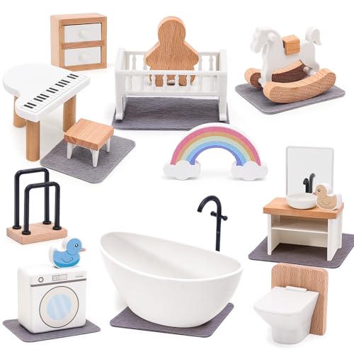 HAPGFS Wooden Dollhouse Furniture Set Elegant Kid’s Room & Bathroom Doll House Accessories, Premium Wood Toys for 3-6 Year Olds, Dollhouse Decor Set for Girls & Boys Birthday Christmas - style: Kid's & Bathroom