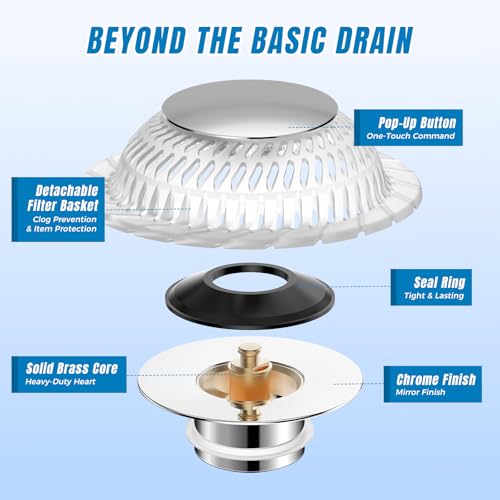 Hair Catcher Drain Stopper for Bathtub, Pop-Up with Silicone Filter, 3-Layer Brass Rust-Proof, One-Button Seal & Drain, Fits Standard U.S. Drains (1-1/2” & 1-3/8”), No Tools Needed (2 Pack) - color: Sliver-2 Pack