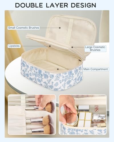 Relavel Travel Makeup Bag, Small Floral Cosmetic Bag with Makeup Brush Compartment, Portable Makeup Pouch for Women, Double Layer Makeup Organizer Bag Cute Toiletry Bag - color: 01-Blue Flower, size: MEDIUM