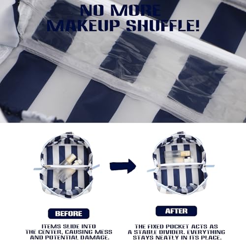 DYSHAYEN Stripe Travel Makeup Bag with Compartments Clear Coated Cosmetic Bag for Women, Waterproof Portable Open Flat Toiletry bag （White-Navy） - color: White-Navy
