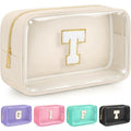 Initial Clear Makeup Bag, Birthday Gift Preppy Chenille Patch Cosmetic Bag, Initial Travel Essentials Beach Toiletry Pouch, Ideal Gift for Teachers & Moms, Women and Girls (Beige, T) - color: Beige, style: T