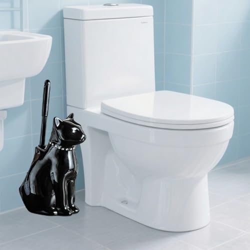 Comeon Ceramic Cat White/Black Toilet Brush and Holder Set, Plastic Handled Scrub Brush for Bathroom Cleaning,10.63"*6.3" (Black) - color: Black, size: Cat