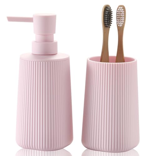YAUKPH Bathroom Accessories Set 2 Piece Soap Dispenser and Toothbrush Holder for Bathroom Countertop Striped Pink - color: Striped Pink