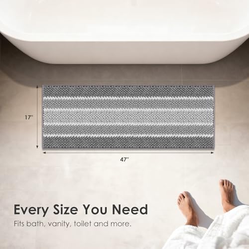 ArtyCozy Bathroom Rug, Extra Thick Absorbent Chenille Striped Pattern Shaggy Bath Mat Non Slip, Soft Plush Bath Floor Mats, Machine Washable, Grey, 17"x47" - color: Grey, size: 17" × 47"