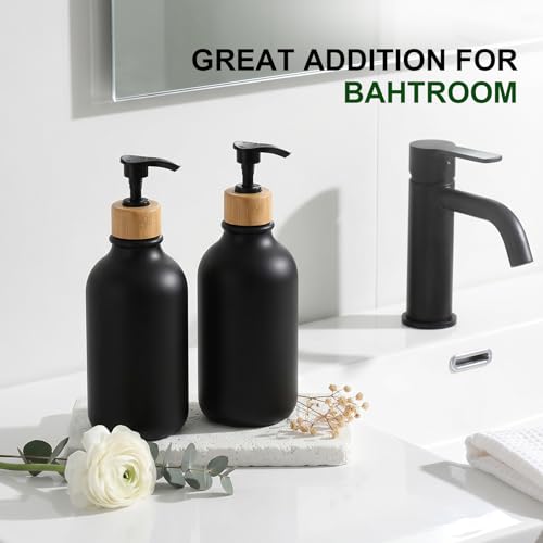 KASUNTING Hand and Dish Soap Dispenser Set, Plastic Kitchen Soap Dispenser Set with Bamboo Tray, 17 Fl Oz Black Soap and Lotion Dispensers Sets with 4 Pack Labels for Kitchen & Bathroom Countertop - color: Black, size: 2 Bottles with Bamboo Tray