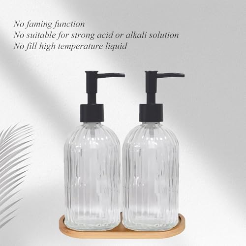 Glass Hand and Dish Soap Dispenser Set of 2 with Plastic Pumps, Bamboo Tray, 13.5oz Clear Bathroom Soap Dispenser with Vertical Stripe for Hand Wash & Dish Wash, Ideal for Bathroom Kitchen Countertop - color: Clear