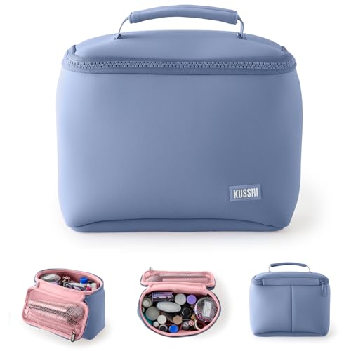 KUSSHI Neoprene Train Case Makeup Bag - Washable Makeup Travel Bag & Vanity Case for Stress Free Travel (Small, Pearl Blue/Sand Pink) - color: Pearl Blue/Sand Pink, size: Small