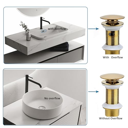 Rockgoya Bathroom Sink Drain, 2 Pack Gold Drain Stopper Bathroom Sink with Overflow, Pop Up Drain Assembly with Detachable Strainer Basket, Built-in Anti-Clogging Strainer,Stainless Steel - color: Gold-2 Pack, style: With Overflow