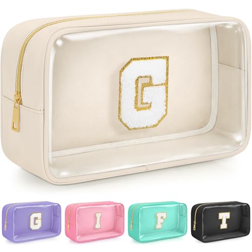 Initial Clear Makeup Bag, Birthday Gift Preppy Chenille Patch Cosmetic Bag, Initial Travel Essentials Beach Toiletry Pouch, Ideal Gift for Teachers & Moms, Women and Girls (Beige, G) - color: Beige, style: G