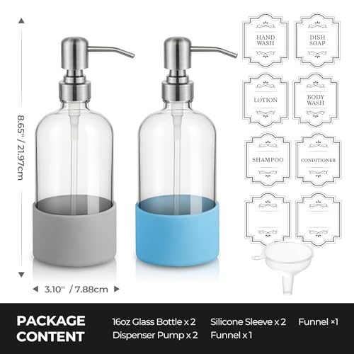 16 oz Hand and Dish Soap Dispenser Set for Kitchen and Bathroom, 500ml Clear Glass Soap Dispenser with Stainless Steel Pump, Non-Slip Silicone Sleeves, Labels - 2 Pack - color: Clear