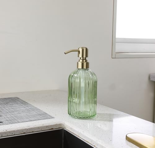 16Oz Green Glass Soap Dispenser with Rust Proof Stainless Steel Pump, Green Stripe Bathroom Hand Dish Lotion Dispensers with Brushed Gold Pump,Brushed Gold Glass Soap Dispenser,2 Packs - color: Brushed Gold + Green, size: 2-Pack