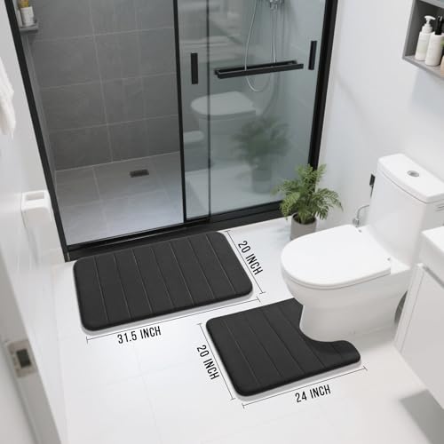 Yimobra Memory Foam Bath Mat Set 2 Piece - Super Soft Absorbent Quick Dry Bathroom Toilet Rugs, Machine Washable Non Slip Floor Carpet for Tub Shower & Single Sink (31.5x20 & 24x20, Black) - color: Black, size: 31.5x20+24x20 Inch