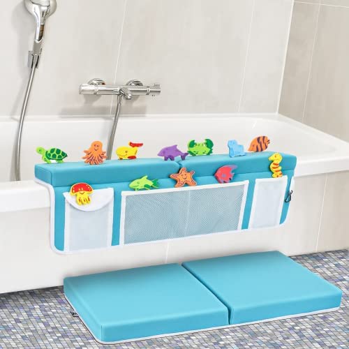 Supa Ant Bath Kneeler –8 Suction Cups & 1.5" Padding.Certified Non Toxic Bath Kneeling Pad for Bath Tub & 5 Bath Organizer. Fast Dry Baby Bath Kneeler and Elbow Rest Pad Set Blue - color: Blue With White Pockets