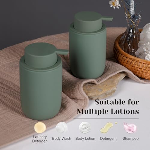 INGOFIN Ceramic Lotion Soap Dispenser Set, 2 Pack (12 oz) Bathroom Hand Soap Dispenser with Pump, Liquid Hand and Dish Soap Dispenser Set, 8 Pcs Clear Stickers, for Kitchen Bathroom-Matte Green - color: Matte Green-liquid