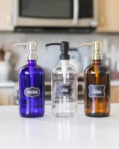 Jarmazing Products Amber Glass Jar Soap and Lotion Dispenser - 2 Pack - with Matte Black Pump - 16 oz - color: Amber/Black 16oz, size: Pack of 2