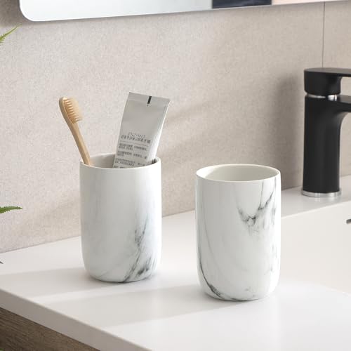 Marble Toothbrush Holders for Bathrooms - 1 Cups Ceramic Toothbrush Toothpaste Holders, White Marble Bathroom Tumbler Cups Reusable Toothbrush Mouthwash Cup, Bathroom Counter Organizer. - color: White Marble, size: 1pcs