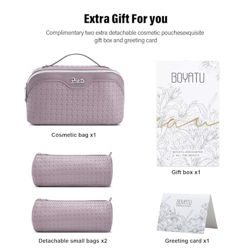 BOYATU Travel Makeup Bag Cosmetic Bags for Women: Large Capacity 3 Pcs Set Make up Bag with Compartments - Waterproof Vegan Leather Toiletry Organizer Bags with Handle (L55Light Purple) - color: L55Light Purple