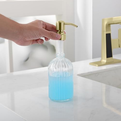 Gold Refillable Glass Kitchen Soap Dispenser,16oz Bathroom Soap Dispenser with Vertical Strip,Golden 304 Stainless Steel Pump Head, Clear Thick Glass,for Modern Home Decor, Countertop, Hotel - color: Brushed Gold + Clear, size: 1-Pack