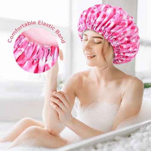 Shower Cap for Women Terry Lined Bath Cap Large Reusable Waterproof Elastic Band Pink Flamingo Shower Caps for Long Thick Hair Soft Bath Shower Hair Caps - color: Hot Pink Flamingo