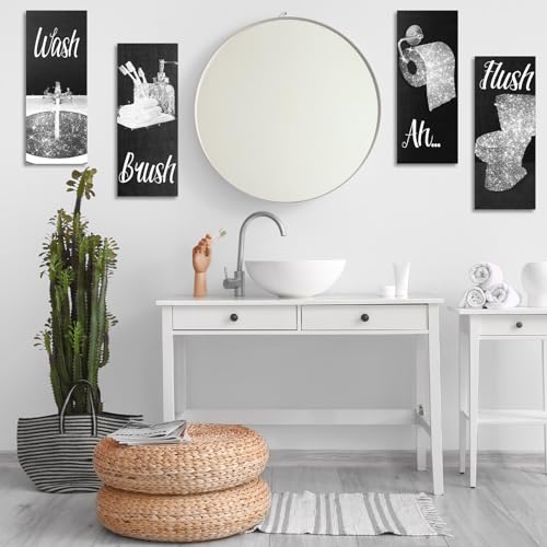 Chinco 4 Pcs Women Funny Wall Art Bathroom Decor 9.84 x 3.94 x 0.2 Inch Glam Bathroom Wall Decor Modern Women Funny Bath Wood Hanging Decoration for Home (Black, White) - color: Black, White