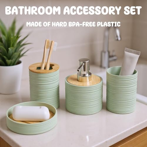 Bathroom Accessories Set 4 Piece Bamboo Bath Ensemble Includes Soap Dispenser and Toothbrush Holder Set, Soap Dish and Mouthwash Cup.Bohemian Style-Brief but not Simple(Green)