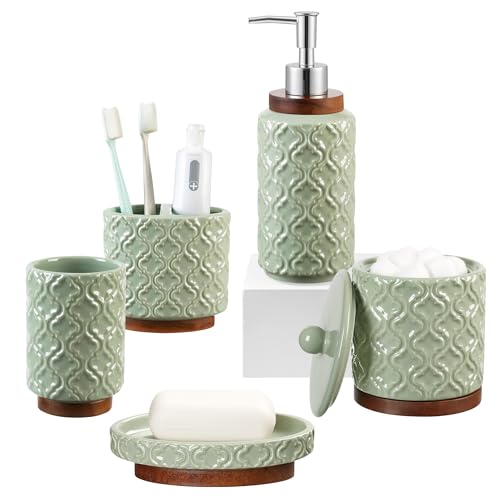 RQYIXI Elegant 5 PCS Ceramic&Wood Bathroom Accessories Set:Soap Dispenser,Toothbrush Holder,Tumbler,Soap Dish,Cotton Swab Jar,Easy to Clean,Quatrefoil Pattern,Green-Affordable Home Luxury - color: Green-5pcs