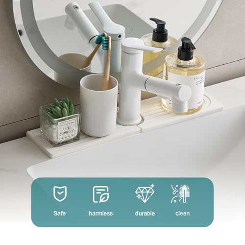 Stone Faucet Mat for Kitchen Sink Bathroom Counter, 15.7 Inch White Diatomite Water-Absorbing Drying Stone Mat, Sink Stone Tray Protector,Prevent Moisture Sink Splash Guard