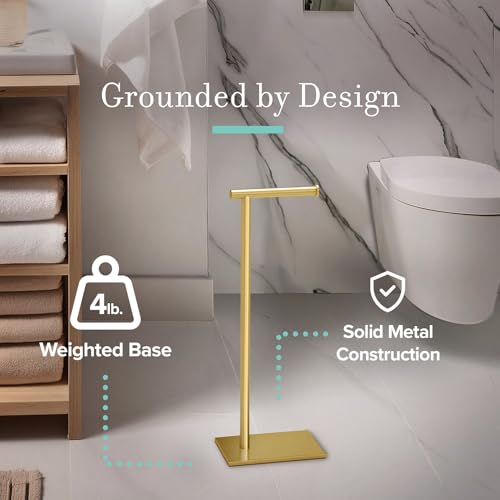 Gatco 1431B Freestanding Toilet Paper Holder Stand, Modern Bathroom Toilet Tissue Holder with Weighted Rectangle Base, Brushed Brass Finish, 22.25 Inch - color: Brushed Brass, 22.25"h