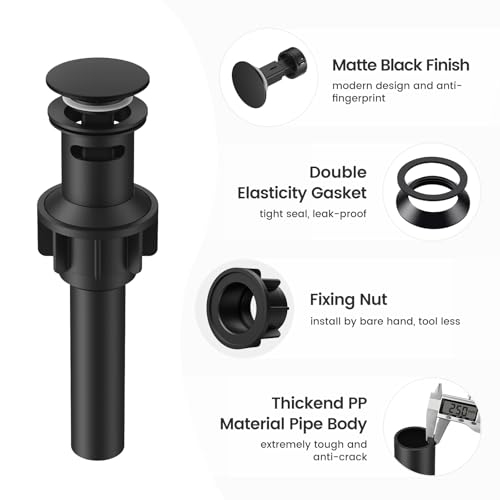 Bathroom Sink Drain with Overflow with Hair Catcher Anti-Clog Sink Strainer | Hurran Matte Black Bathroom Sink Stopper for 1.65"-1.9" Hole, Plastic Pop-up Drain for Bathroom Vanity Vessel Sink - color: Matte Black