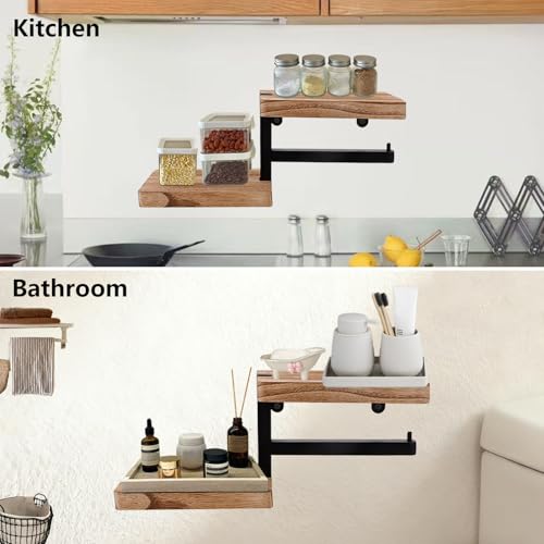 Wood Toilet Paper Holder with Shelf, Wall Mount Paper Roll Holder with Double Shelves, Farmhouse Wooden Bathroom Accessories, Home Apartment Washroom Restroom Decor Essentials (Walnut)