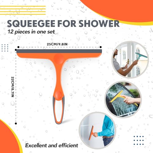Dandat 12 Pcs Squeegee for Shower Glass Door 9.8'' Small Silicone Shower Squeegee for Doors Bulk with Hanging Hole for Bathroom Car Mirror Tile(Orange, Green,Yellow) - color: Orange, Green,yellow