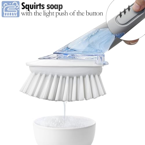 Soap Dispensing Replacement Dish Brush Storage Set with 2 PCS Brush Refills & Holder - RIMAY Dispenser Scrub Cleaning Scrubber Kitchen Dishwashing Dish Wand Handle for Dishes/Pans/Pots/Sink(Grey) - color: Gray