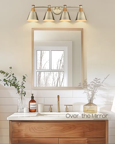 FEMILA Vanity Lights, 4-Lights Bathroom Light Fixtures Over Mirror, Antique Brass Wall Sconces Lamp with Hammered Metal Shade Finish, 4FG59B-4W BG - color: Gold, size: 30"
