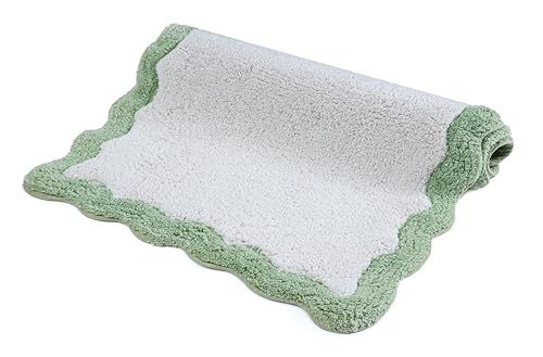 Cotton Scalloped Bathmat with Antiskid 20"x32" SAGE Green – 100% Cotton Scalloped Bath Mat, Anti Skid, Soft & Absorbent Bathroom Rug for Shower, Tub & Entryway - color: Sage Green, size: 1'8" x 2'8" (Rectangular)