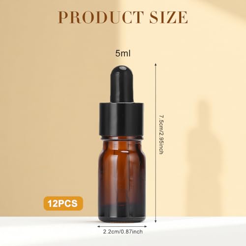 erioctry 5ML/10ML Amber Glass Essential Oil Bottles and Eyed Dropper Black Caps Makeup Cosmetic Sample Container Boxes of Glass for Essential Oil Aromatherapy Use(Pack of 12) (5ML) - size: 5ML