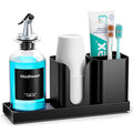 Moforoco Glass Mouthwash Dispenser with Toothbrush Holders, 11.8Oz Mouth Wash Bottle Container with Cup Holder, Funnel, Labels, and Drying Stone Tray, Bathroom Decor Accessories Set, Black