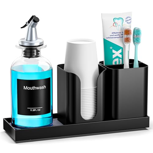 Moforoco Glass Mouthwash Dispenser with Toothbrush Holders, 11.8Oz Mouth Wash Bottle Container with Cup Holder, Funnel, Labels, and Drying Stone Tray, Bathroom Decor Accessories Set, Black
