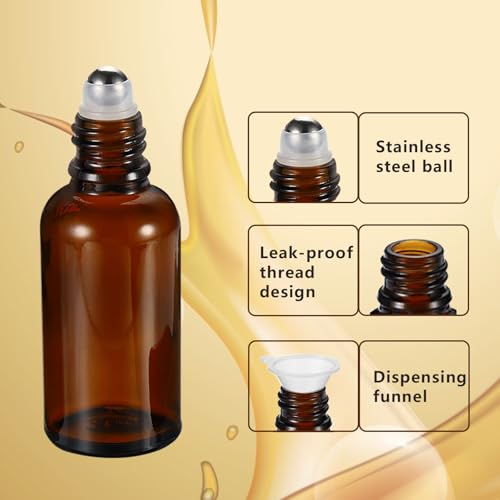 50ML Roller Bottles for Essential Oil, 3 Pack Empty Amber Glass Roller Bottle for Perfume Oil, Roll on Bottles with Stainless Steel Roller Balls, Opener, Funnel and Dropper - size: 50ml_3pcs