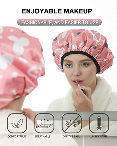 YIZIJIZI Triple Layer Reusable Waterproof Shower Cap for Women Large Terry Lined Hair Cap for Long Thick Hair Travel Bath Care Pink Flowers - color: Pink Flowers