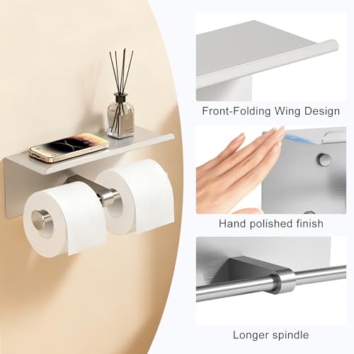 4 Pack Double Toilet Paper Holder with Shelf, Wall Mount Tissue Roll Holder for Bathroom, Heavy Duty 304 Stainless Steel Commercial Toilet Paper Dispenser with Phone Shelf - Brushed Nickel